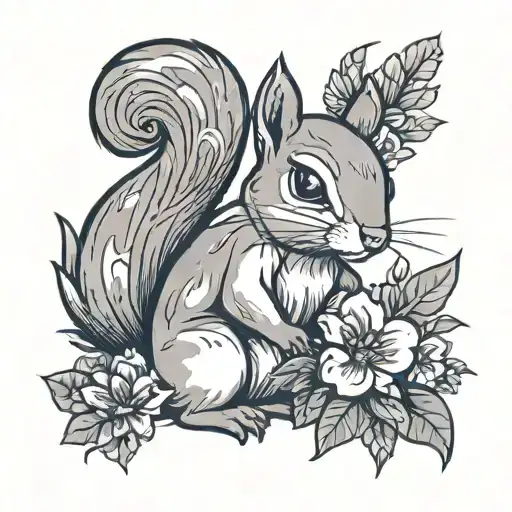 squirrel and flowers tattoo design idea