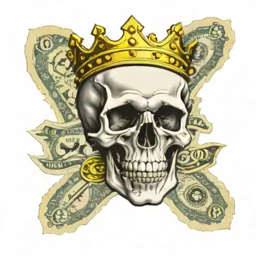 100 dolar bill with half of face skull wearing a crown tattoo design idea
