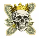 100 dolar bill with half of face skull wearing a crown tattoo design idea