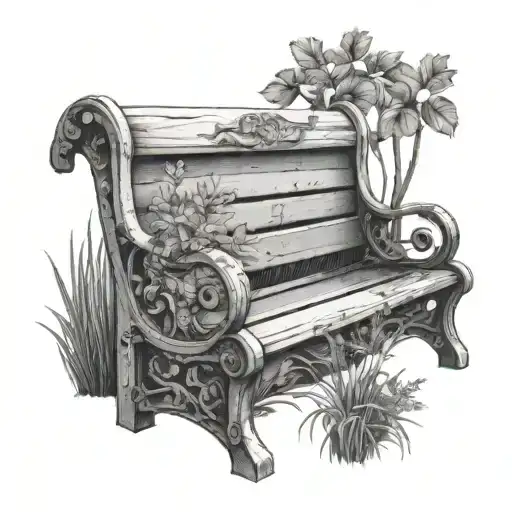 Old park bench overrun with wild plants tattoo design idea