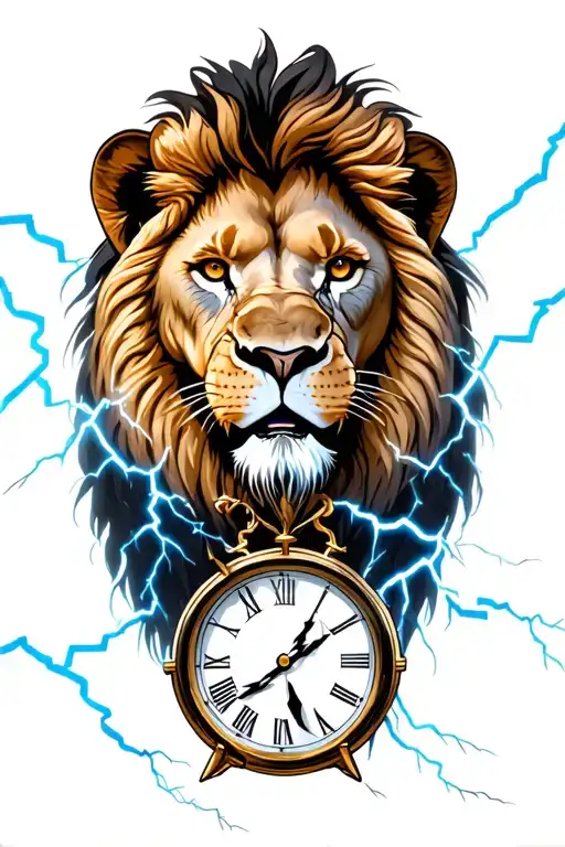 lion with 3 clocks in lightning storm tattoo design idea
