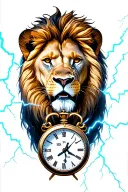 lion with 3 clocks in lightning storm tattoo design idea