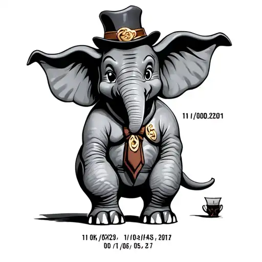dumbo with his trunk up wearing a bolo tie also add the dates 11/06/1926-05/16/2017 to the top and 02/10/1921-06/08/2 tattoo design idea