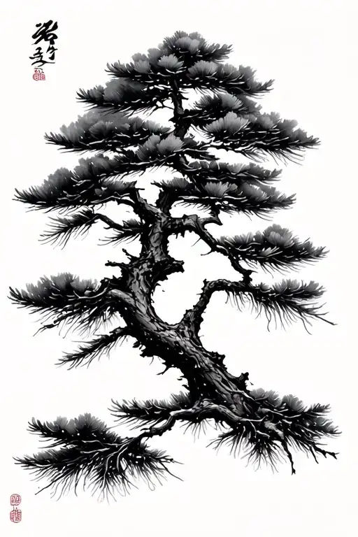 Brush Stroke, japanese abstract and then transition into pine tree twig tattoo design idea