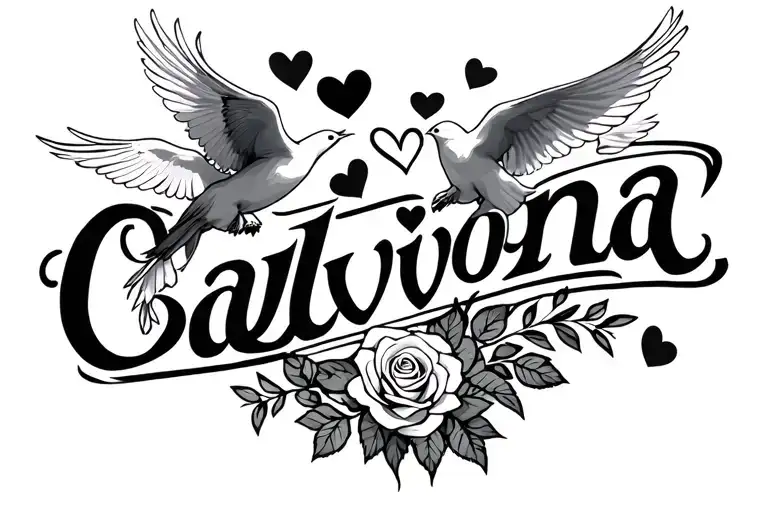 The  Name Calviona With Flying  Doves with Roses & hearts  tattoo design idea