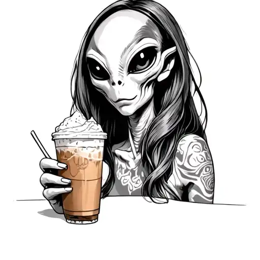 girl alien holding iced coffee tattoo design idea