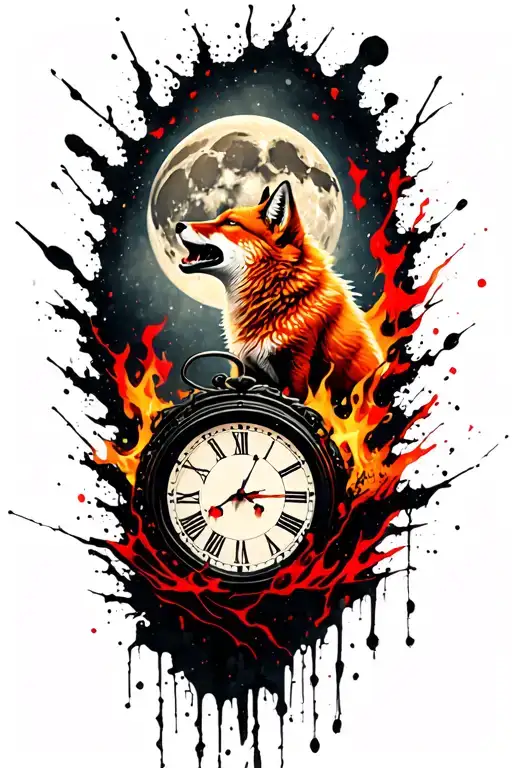 A ginger fox howling at the moon with the hands of a clock on it in burning forest tattoo design idea