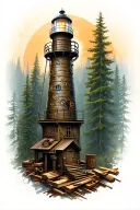 A mechanical clockwork lighthouse towering over a forest of carpentry tools tattoo design idea