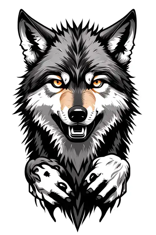 Female wolf with fierce eyes showing teeth and paws. make her look viscious but honourable. add other designs around her tattoo design idea