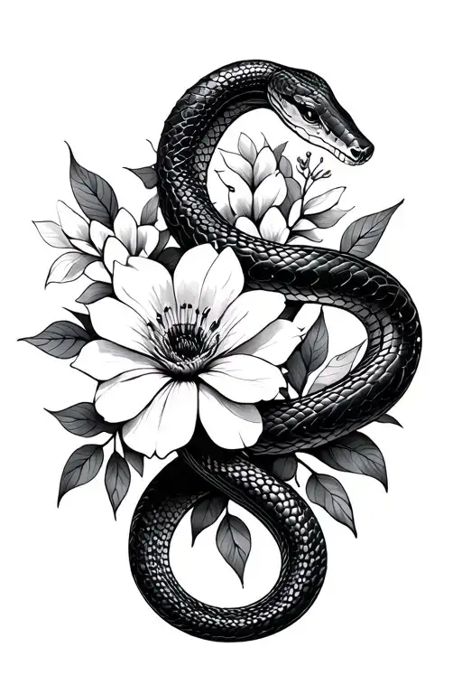 snake and flowers tattoo design idea
