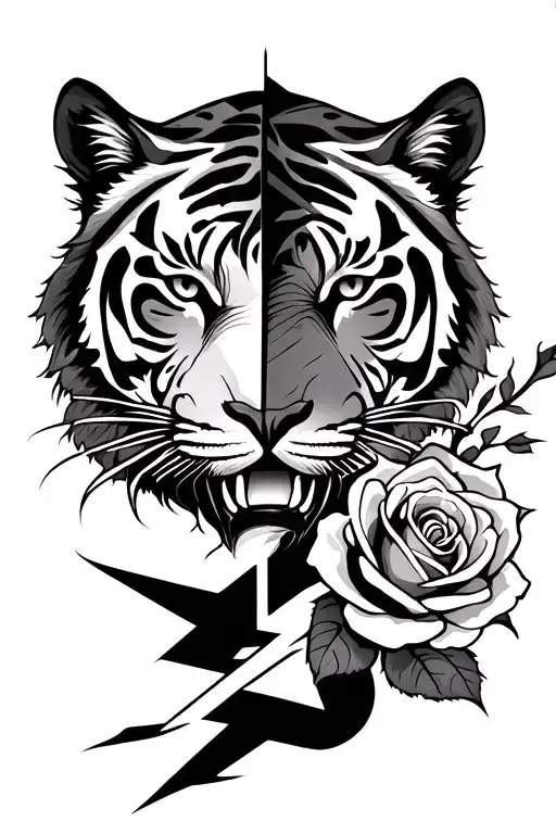 roses with half tiger face tribal lightning bolt intertwined tattoo design idea