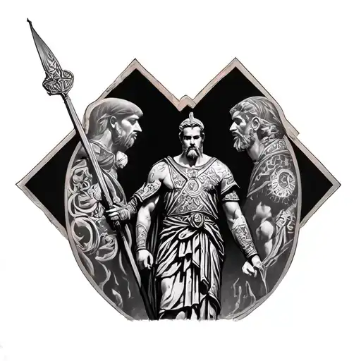 A highly detailed Ancient Greek and Templar-inspired black and grey tattoo sleeve. At the center, a stoic warrior stands tattoo design idea