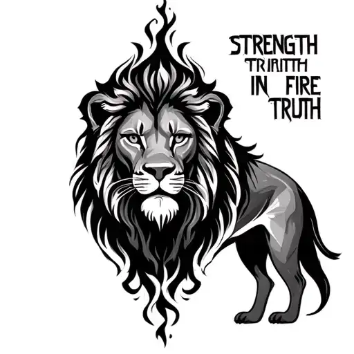 Girl tattoo on forearm. Lion fire inscription strength in truth tattoo design idea
