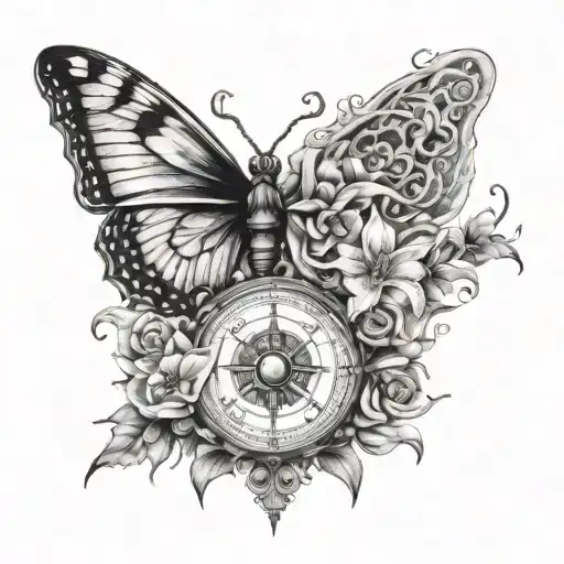 compass, lily, rose, butterfly, fire flames tattoo design idea