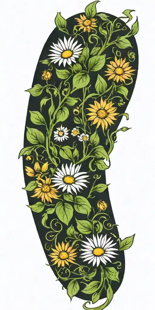 Long narrow vine with green leaves and daisy flowers tattoo design idea