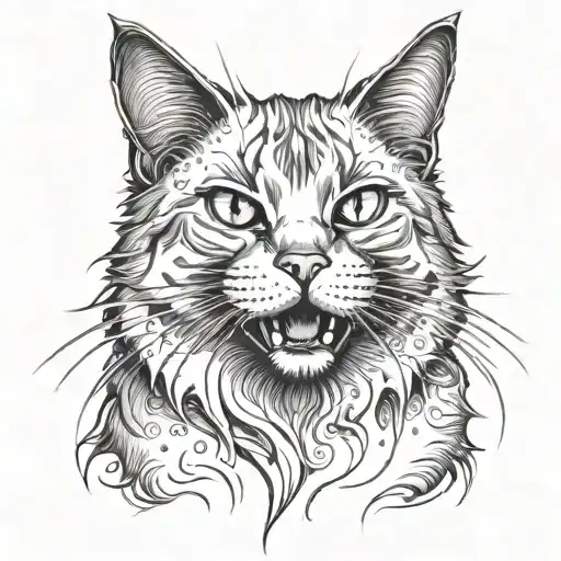 cat gothic style with open screaming mouth and tongue hanging out, fluffy fur, muzzle looking to the side tattoo design idea