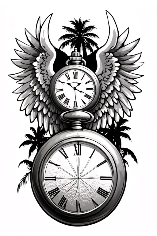 palm trees and pocket watch and angel wings and bullet casing and basketball  tattoo design idea