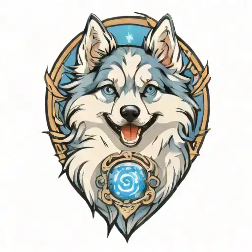 happy blue merle pomsky blue eyes surrounded tattoo design idea