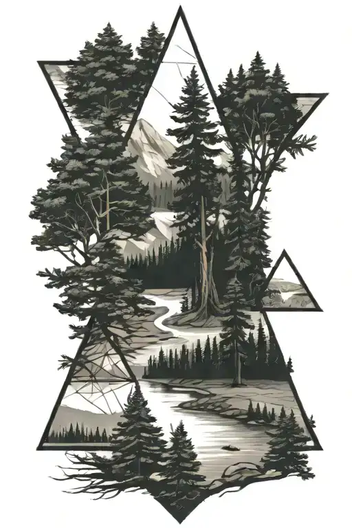 triangles, evergreen trees, forest animals, rivers, roads, feminine  tattoo design idea