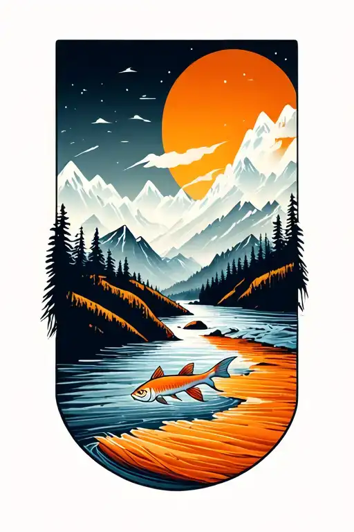 river flowing in wilderness, fish swiming downstream, mountains around tattoo design idea