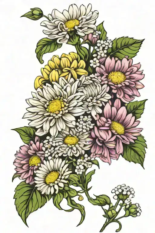 chrysanthemum and daisy and sweet pea bouquet  tattoo design idea