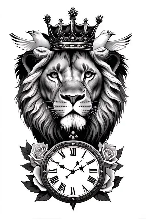 lion face wearing a crown, below lion face  a clock with roman numerals, dove interwined and rose on the wrist tattoo design idea