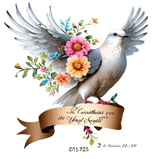 A dove with flowers and the Bible verse 2 Corinthians 12:10 intertwined with it and a ribbon under with the date 1/21/25 tattoo design idea