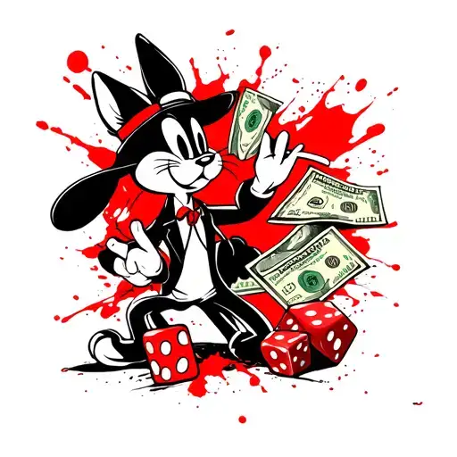 roadway with all Looney tunes characters everything black and white except for clothing, money, drugs, dice with color tattoo design idea