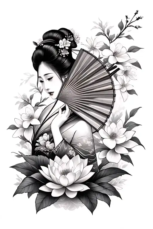 geisha covering her face with oriental fan surrounded by cherry blossoms and lotus flowers  tattoo design idea
