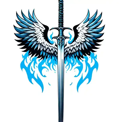 sword with blue flames and wings of angel tattoo design idea