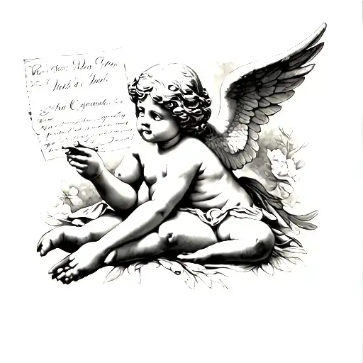 Placing Cupid with a piece of paper in hand, on a piece of paper inscription 12/21/2005 tattoo design idea