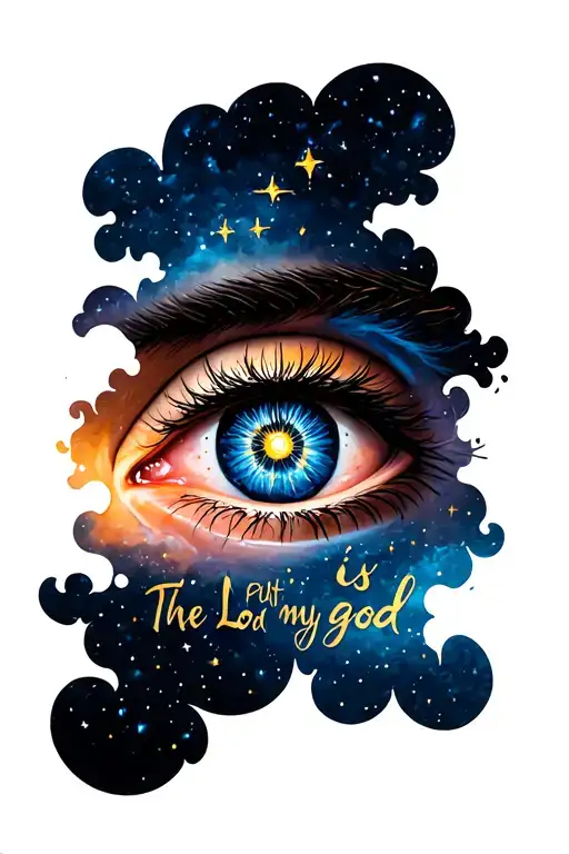 a detaild eye with just the lash on top write The Lord is My god and put stars and clouds behind it  tattoo design idea