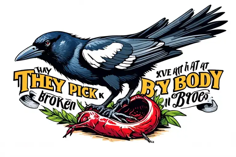The text" They pick at my broken body" and an image of a crow picking at a carcass tattoo design idea