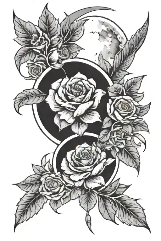 fans with flowers and moon tattoo design idea