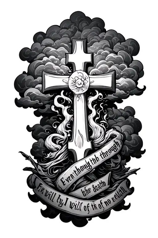  "Even though I walk through the valley of the shadow of death, I will fear no evil" written with a cross and clouds tattoo design idea