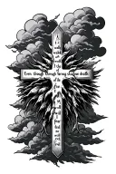  "Even though I walk through the valley of the shadow of death, I will fear no evil" written with a cross and clouds tattoo design idea