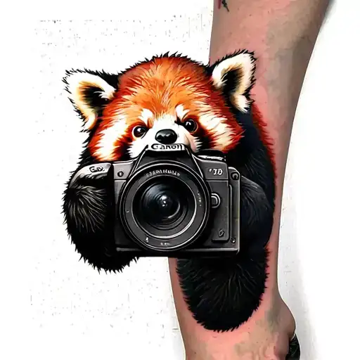 Tattoo on the right forearm, red panda holding the Canon 5d Mark 3 camera tattoo design idea