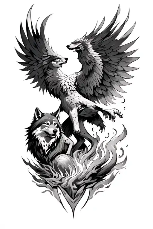 Phoenix with a wolf helping him rise from the ashes  tattoo design idea