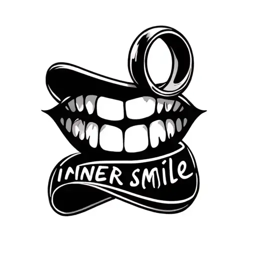 Tattoo design that reads “inner smile”, and is fine-line, perhaps in an abstract way has a smile, wedding rings, and the tattoo design idea