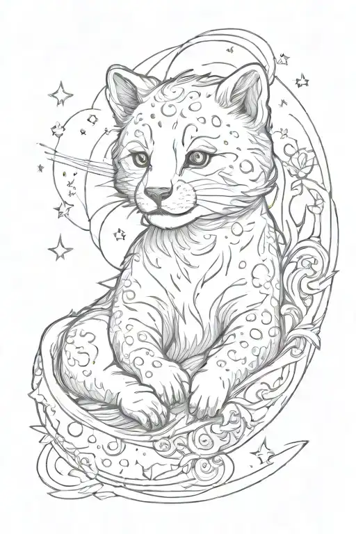 moon and stars baby cub laying tattoo design idea