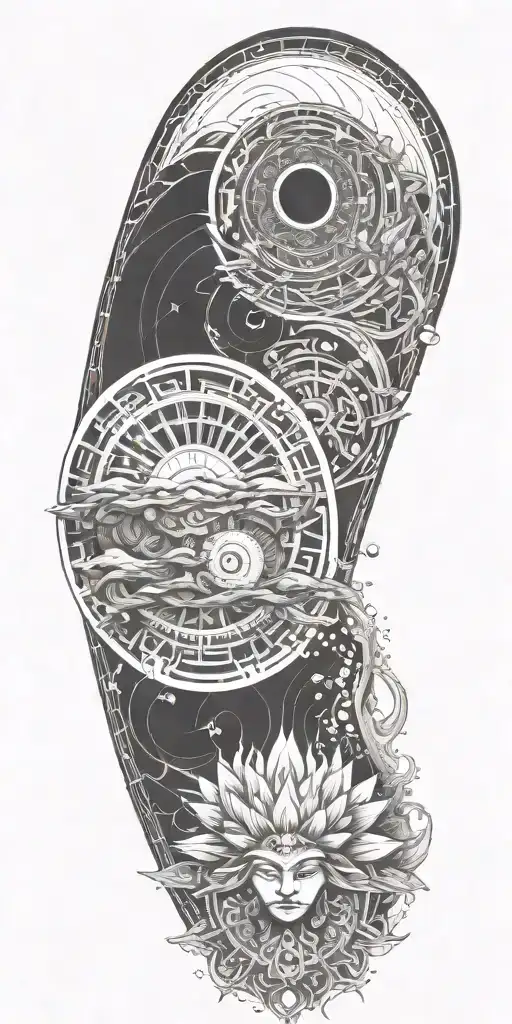 Blend Buddhist mandala, fine-line wood grain, anime elements, and subtle gaming symbols into a cohesive flowing water tattoo design idea