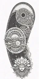 Blend Buddhist mandala, fine-line wood grain, anime elements, and subtle gaming symbols into a cohesive flowing water tattoo design idea