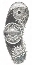 Blend Buddhist mandala, fine-line wood grain, anime elements, and subtle gaming symbols into a cohesive flowing water tattoo design idea