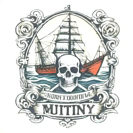 Cargo ship with a crane behind and a skull and anchor with the text Mutiny tattoo design idea