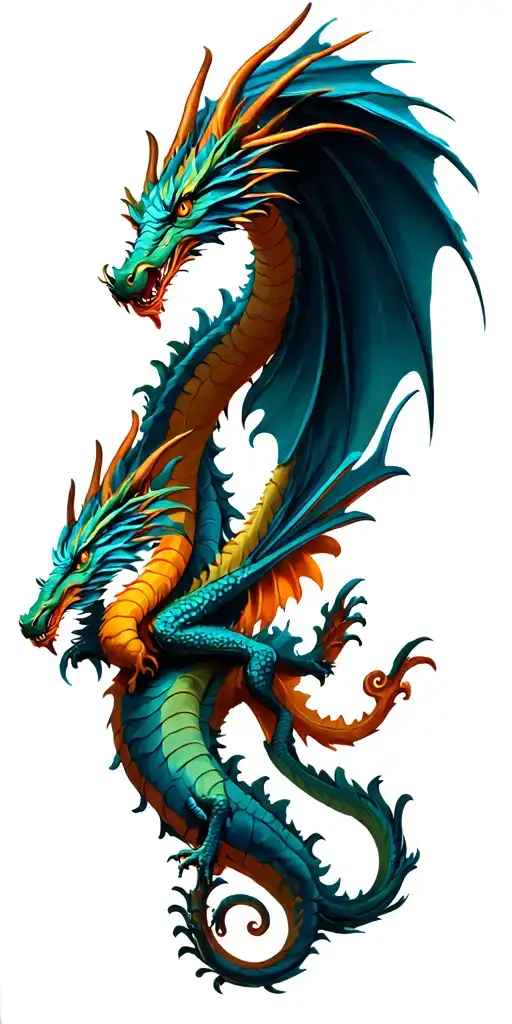 twin dragons flying tattoo design idea