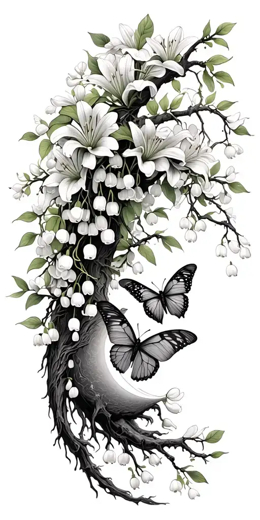 Lily of valley, butterflies, moons, willow tree, cherry blossoms tattoo design idea