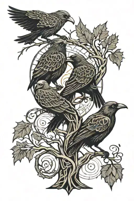 huginn and muninn with Yggdrasil tree tattoo design idea