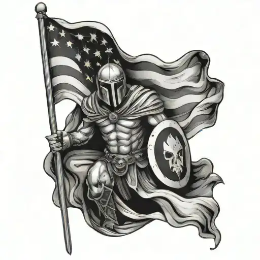 draped American Flag primarily black and white with spartan warrior tattoo design idea