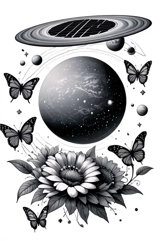 solar system with stars and planets butterflies and flowers tattoo design idea