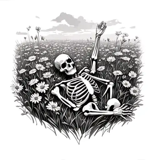 skeleton laying in a field of flowers with one hand to the sky tattoo design idea